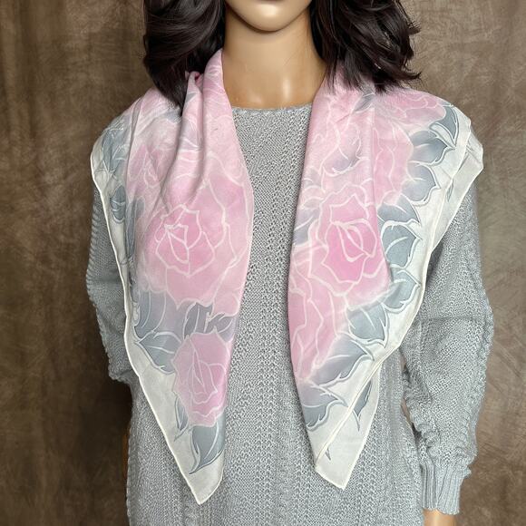 Vintage 90s Pastel Floral Rose Scarf Mesh Pink Gray Coquette Princess Cottage - Picture 5 of 6